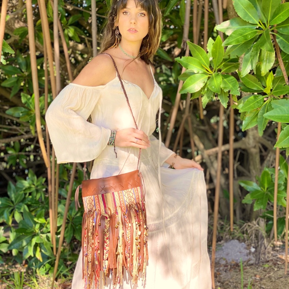 Handmade Boho hippie handwoven fringe leather bag